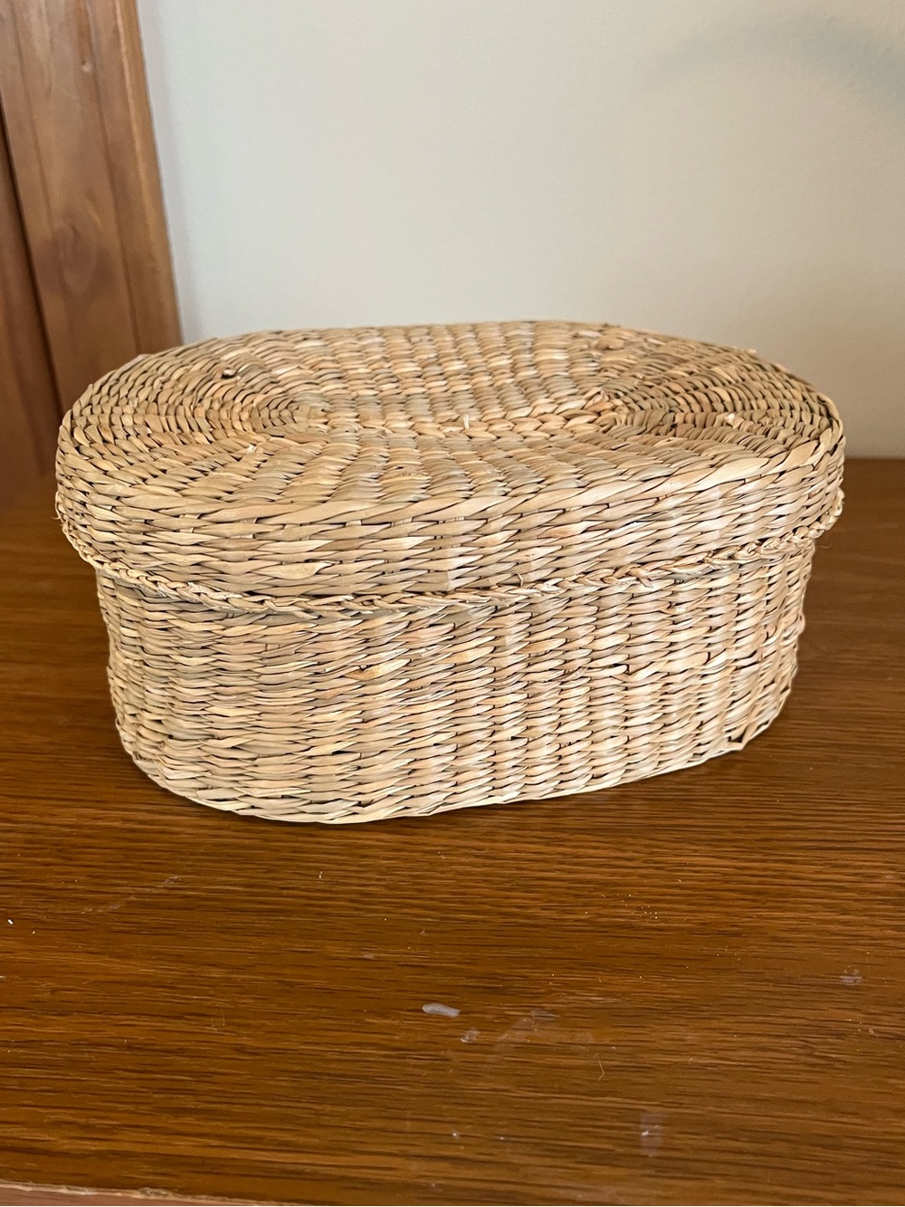 Woven Oval Lidded Storage Basket - Natural
